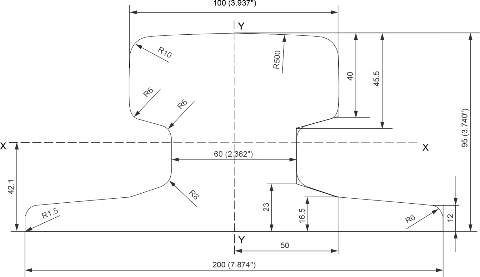 A100 crane rail cross section drawing