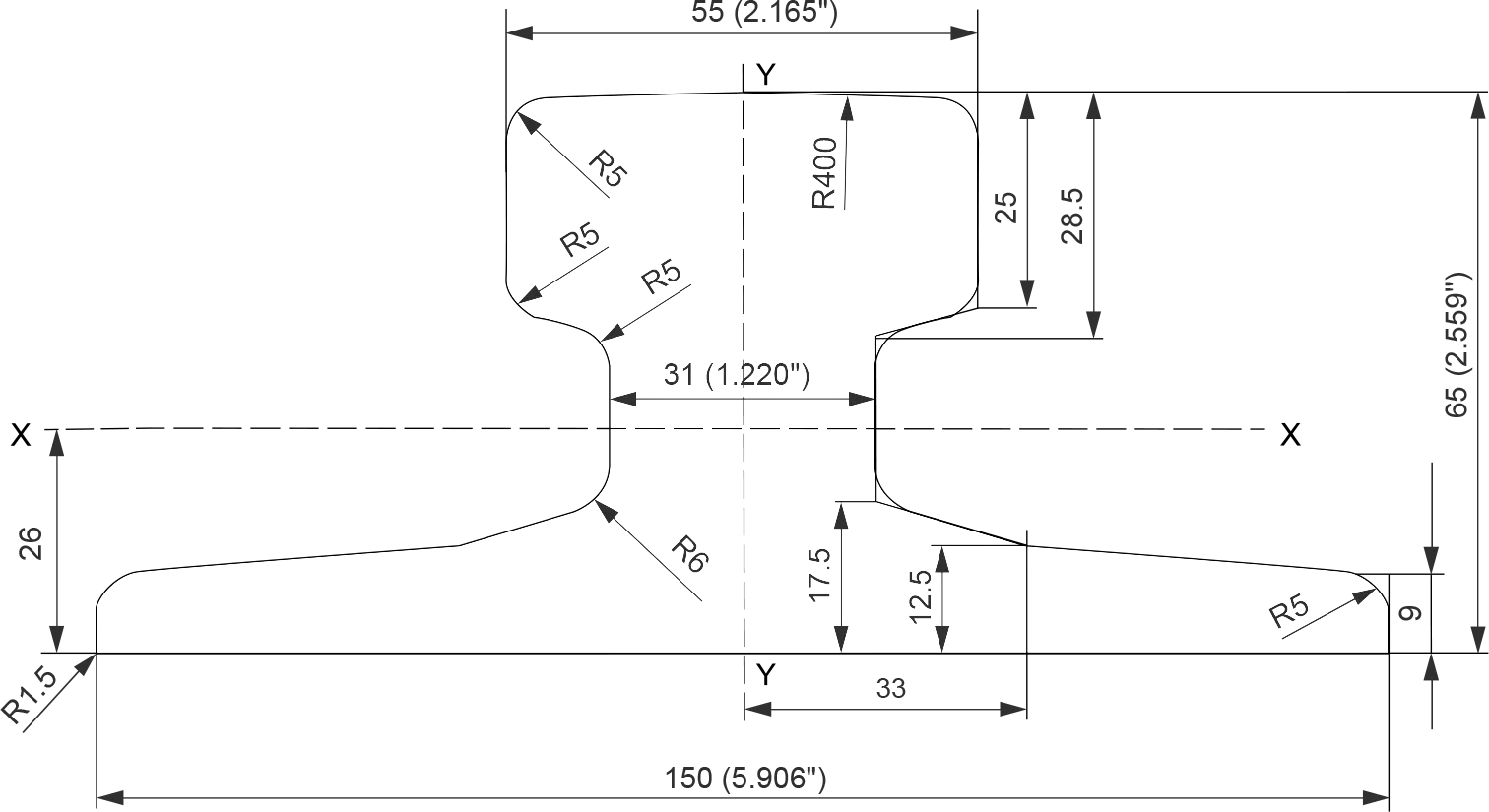 A55 crane rail cross section drawing