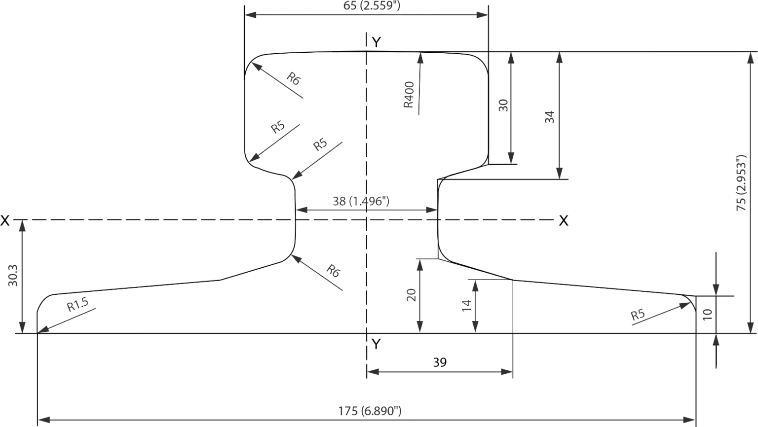 A65 crane rail cross section drawing