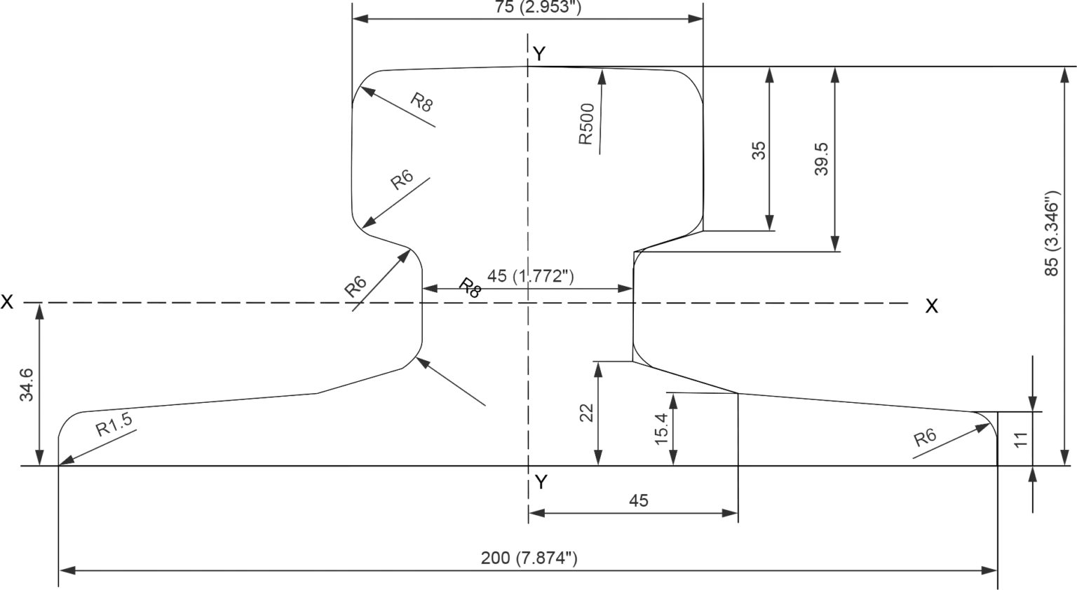 A75 crane rail cross section drawing