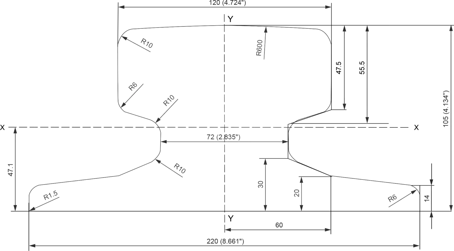 A120 crane rail cross section drawing
