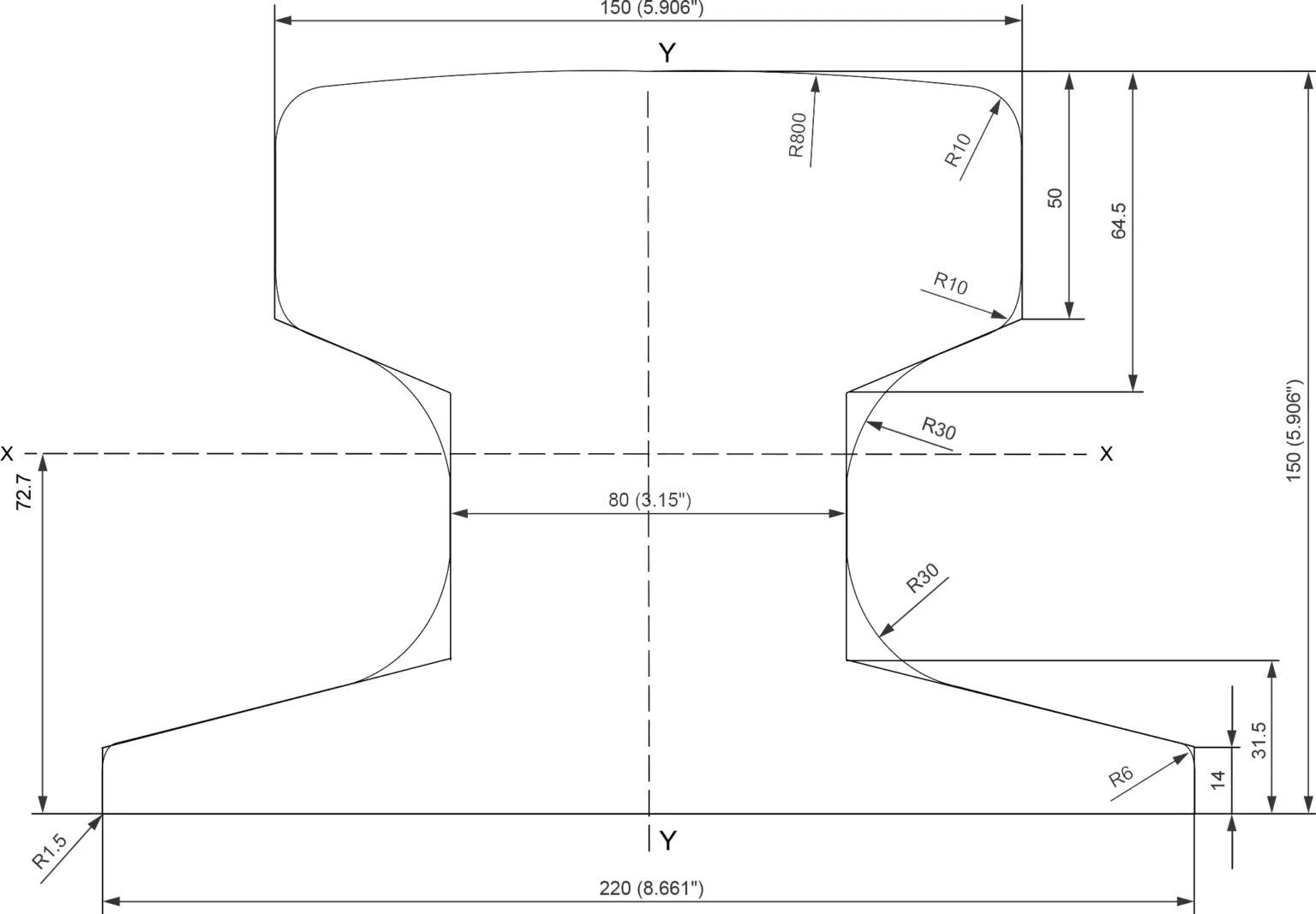A150 crane rail cross section drawing