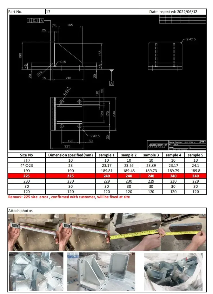 Inspection Report for Rail Support Component