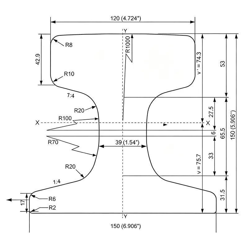 CR100 crane rail cross section drawing