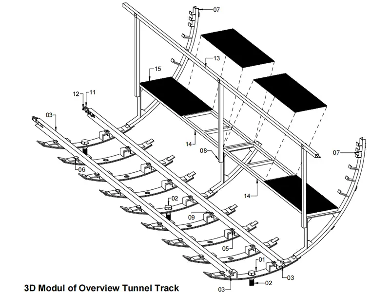Customized tunnel rail system drawing with steel rail and walkway components