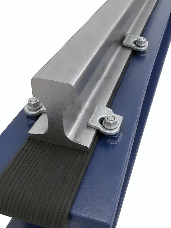 Crane rail mounted on blue steel beam with welded clips and rubber pad