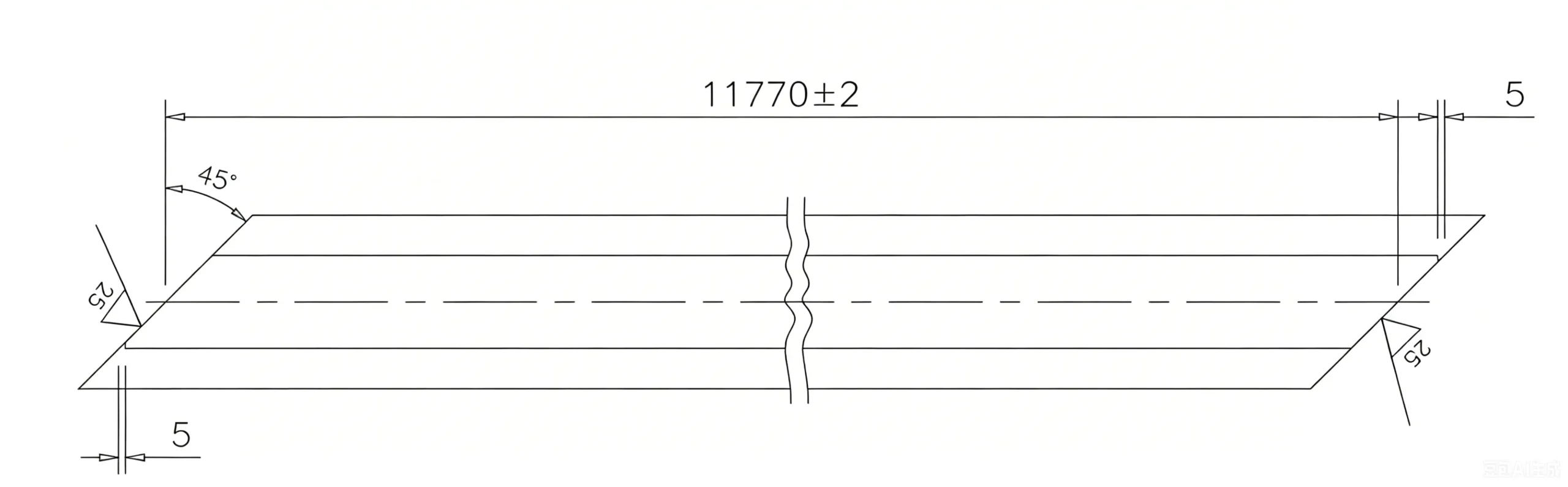 S49 steel rail technical drawing showing 45-degree bevel cut and 5mm chamfer specification