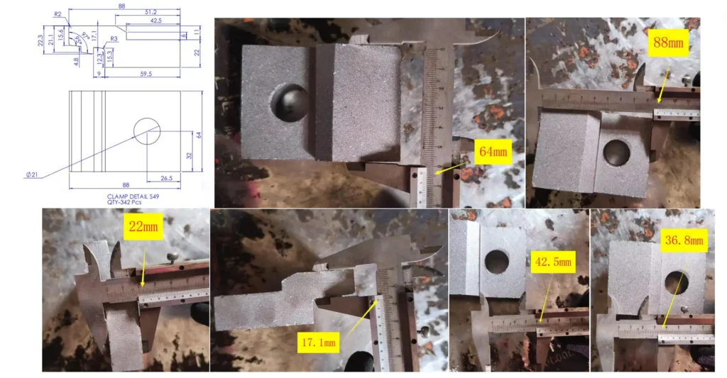 Custom single-hole bolted rail clamp dimensional inspection for S49 rail system