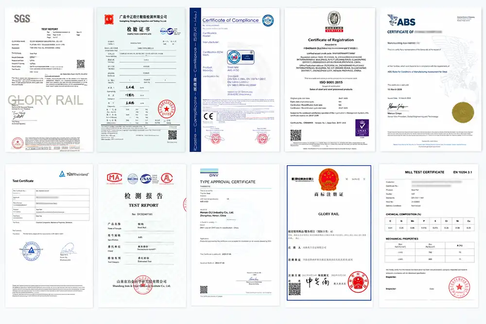 Crane rail quality certificates and inspection documents