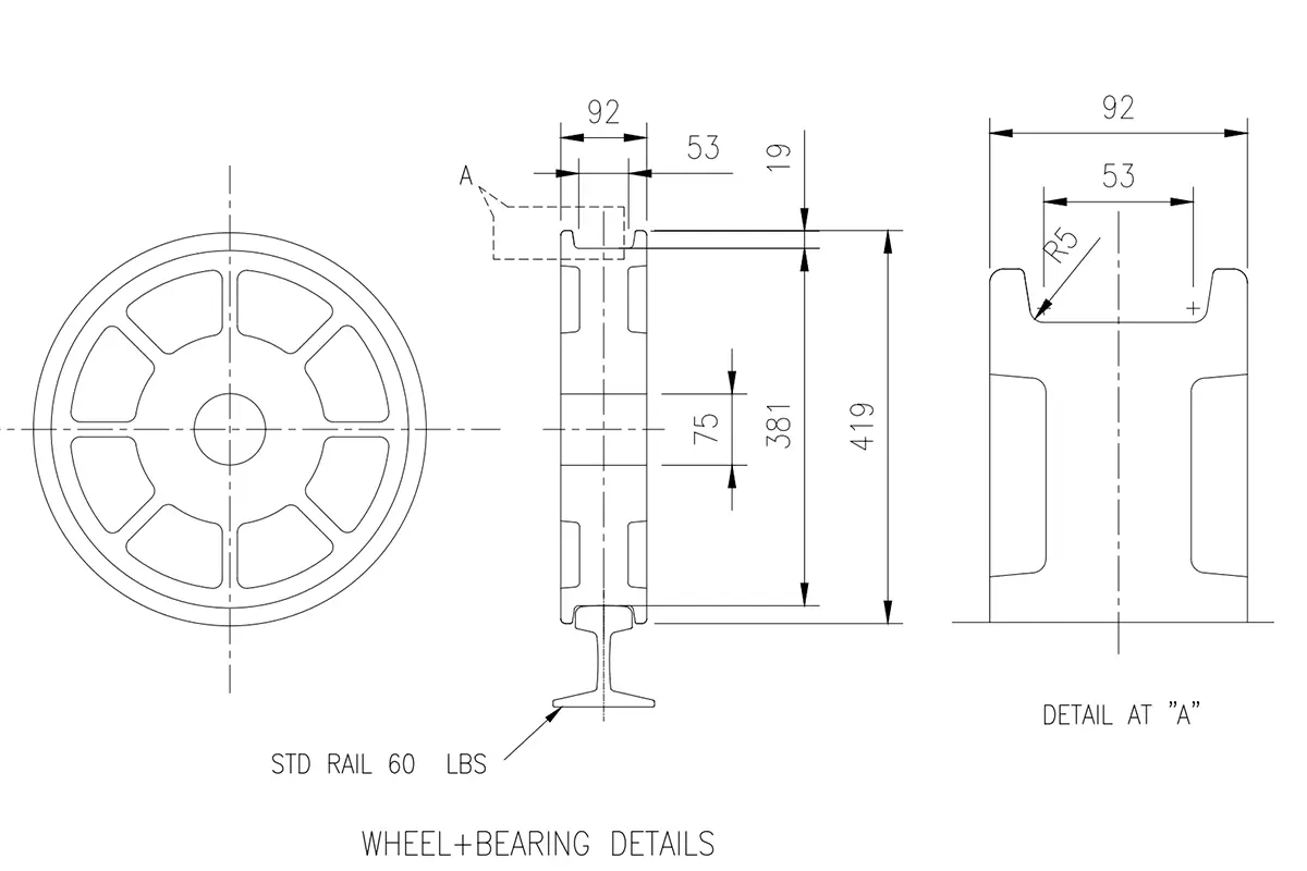 Custom bogie wheel engineering drawing showing tread diameter 381mm, flange diameter 419mm, and R5 fillet radius