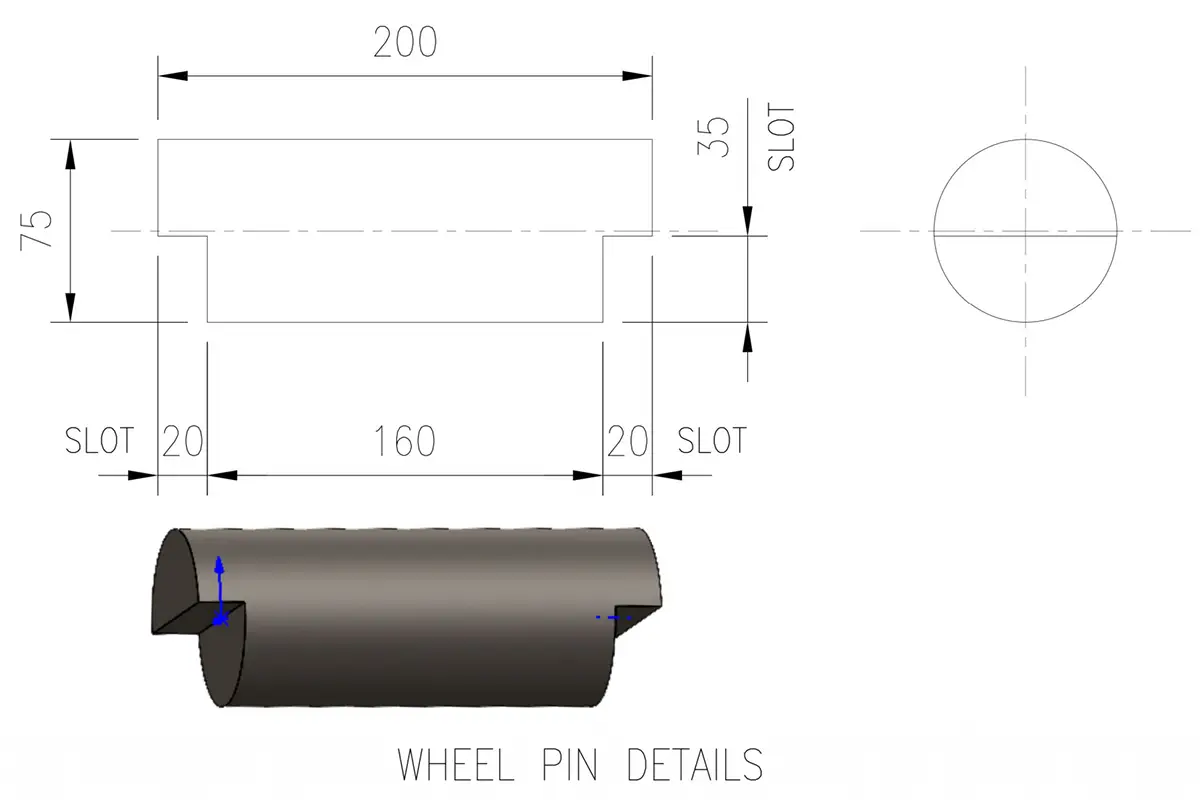 Bogie wheel axle pin drawing showing 75mm diameter and 200mm length in 45# carbon steel
